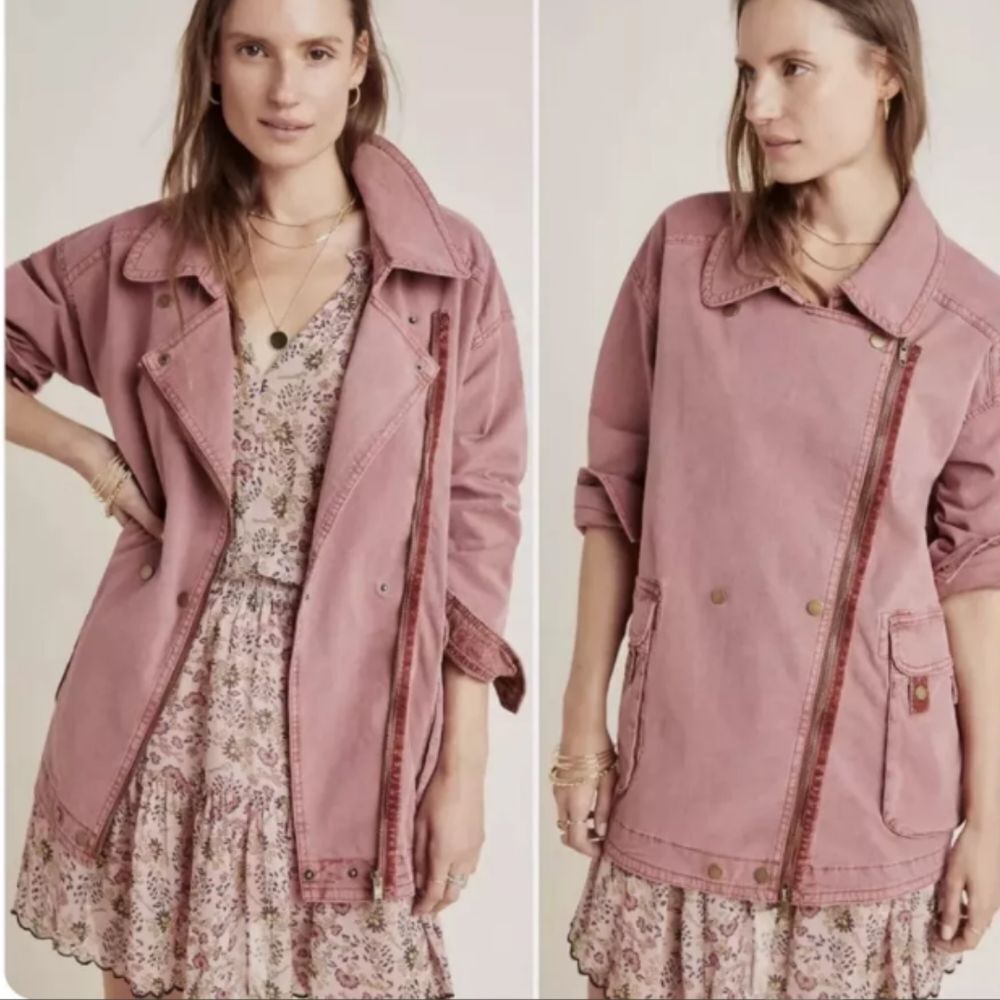 Anthropologie Letty Relaxed Moto Parka Asymmetrical Jacket‎ Size XS Pale Red